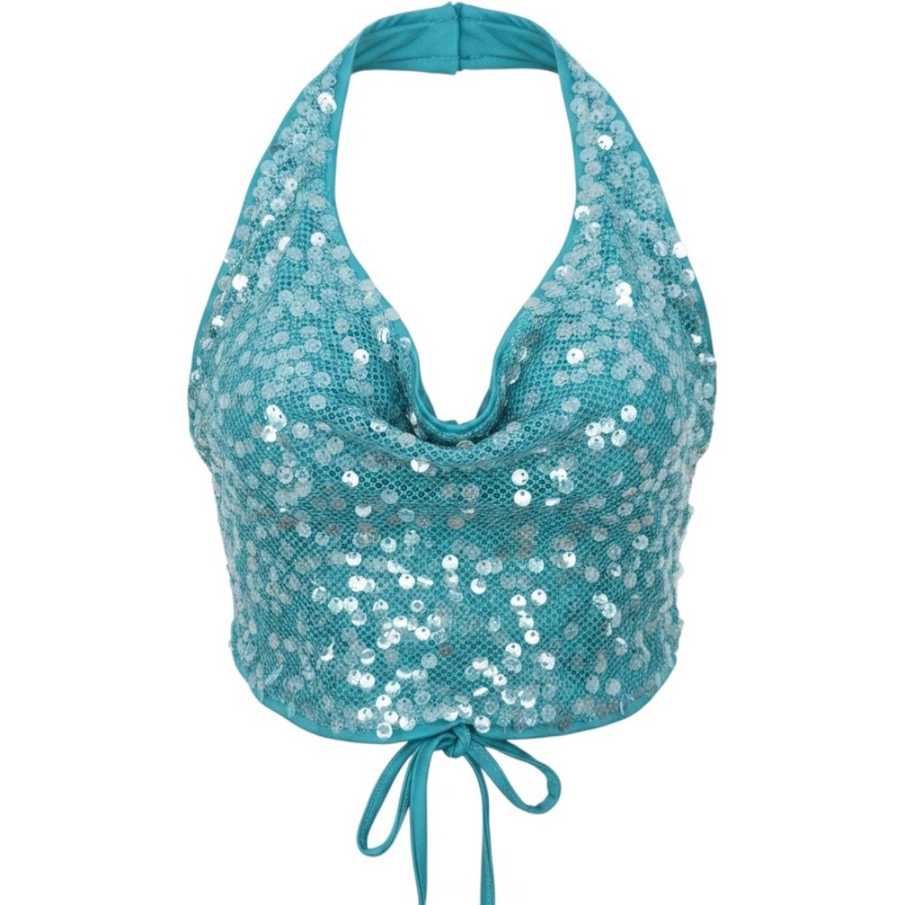 Sequin Halter Top Womens XS Turquoise Cowl Neck Festival Rave Party Y2K